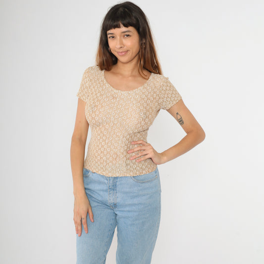90s Tight Gold Lace Top M