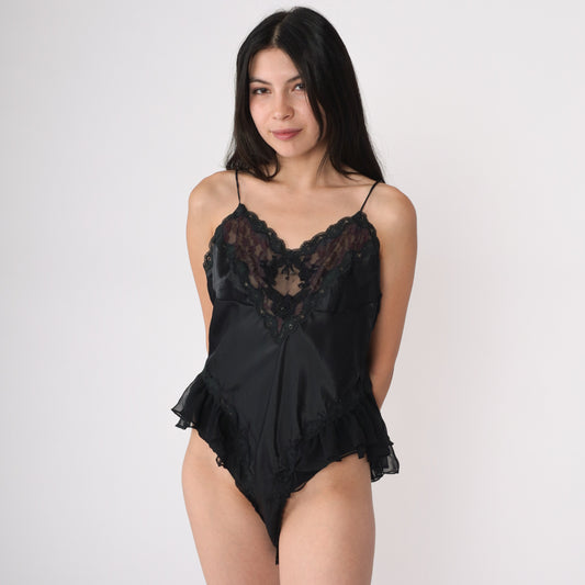 80's Black Ruffled Lace Teddy