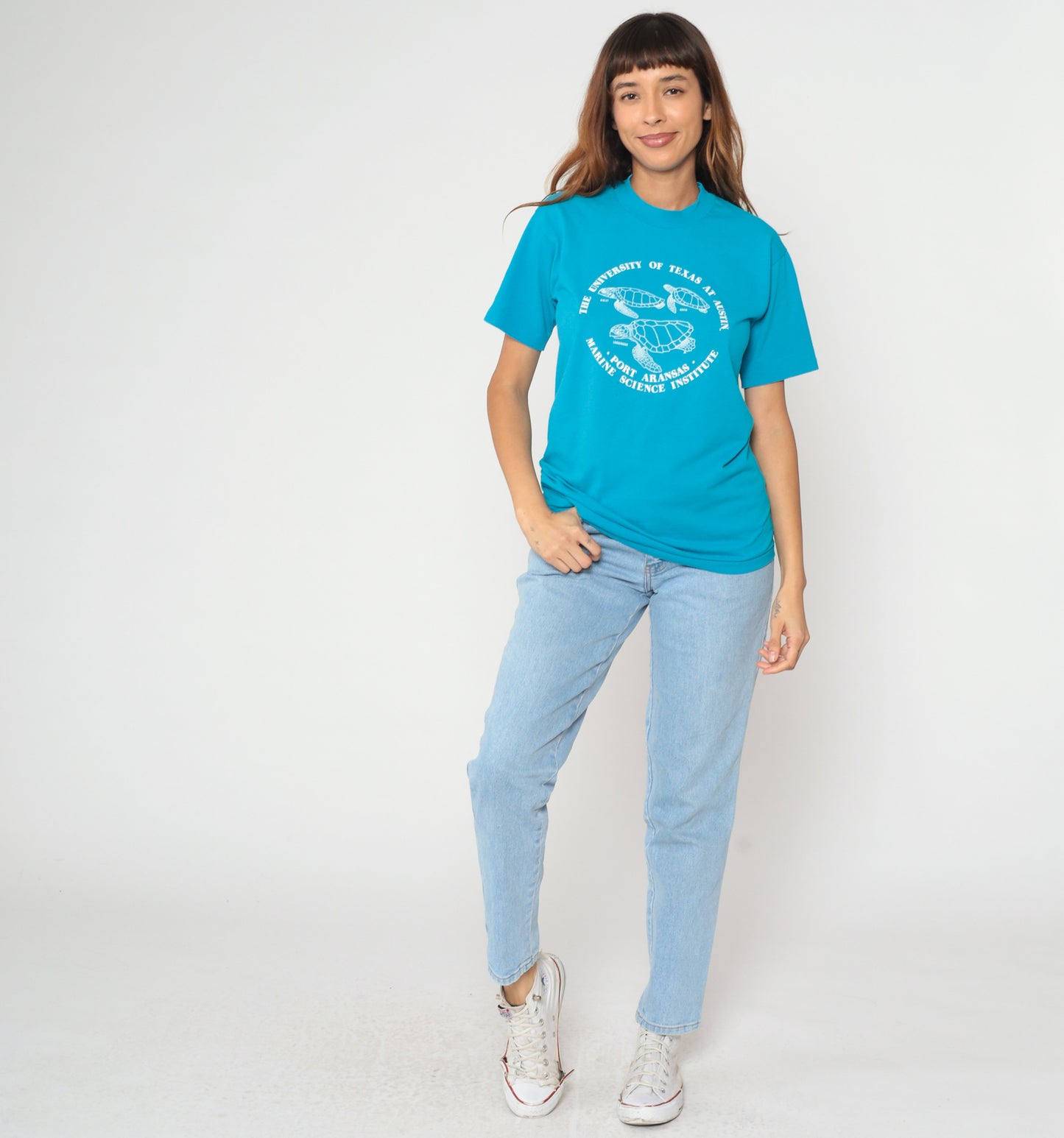 90s University Texas Marine Science Institute Sea Turtle Teal Turquoise Cotton T Shirt Vintage College Austin Wildlife Ocean Biology Medium