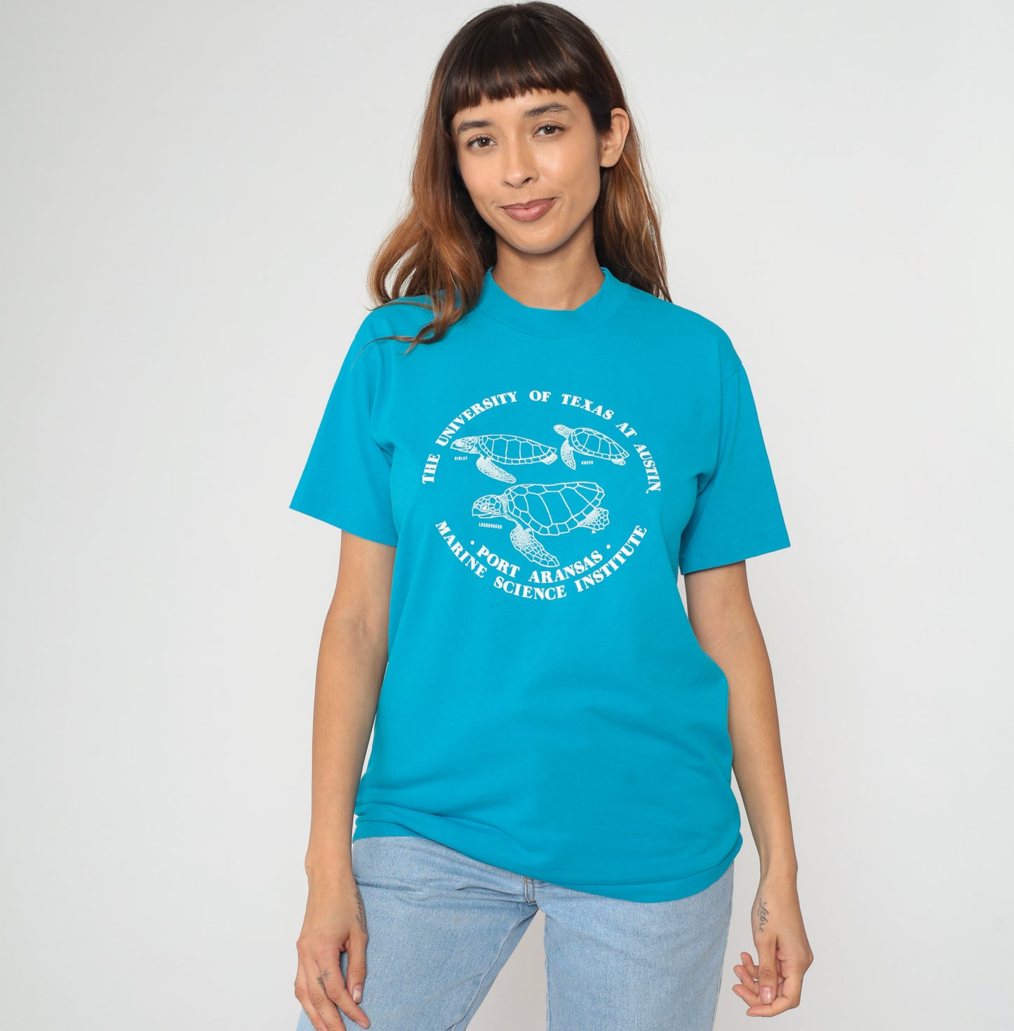 90s University Texas Marine Science Institute Sea Turtle Teal Turquoise Cotton T Shirt Vintage College Austin Wildlife Ocean Biology Medium