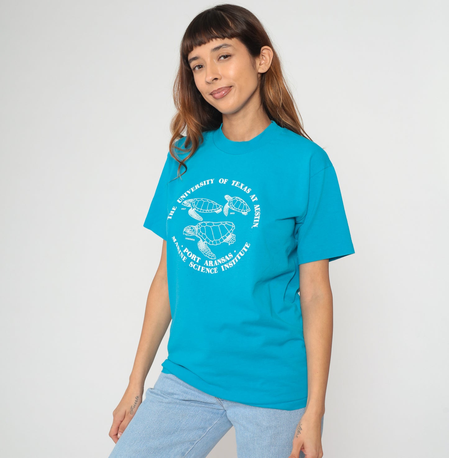 90s University Texas Marine Science Institute Sea Turtle Teal Turquoise Cotton T Shirt Vintage College Austin Wildlife Ocean Biology Medium