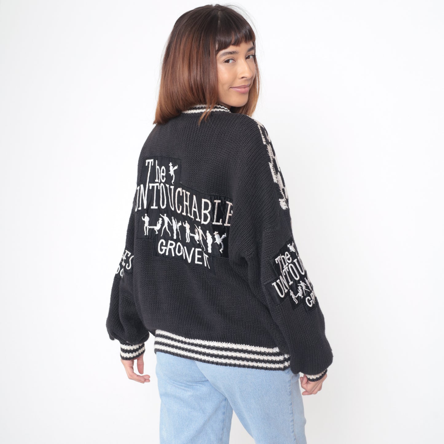 90s Untouchables Cardigan Black White Checkered Argyle Pattern Graphic Cotton Vintage Streetwear Dance Music Extra Large XL