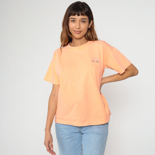 90s Fido Dido T-Shirt Orange Peach Embroidered Logo Cotton Short Sleeve Vintage Tee Casual Basic Top Coral Salmon Streetwear Medium M