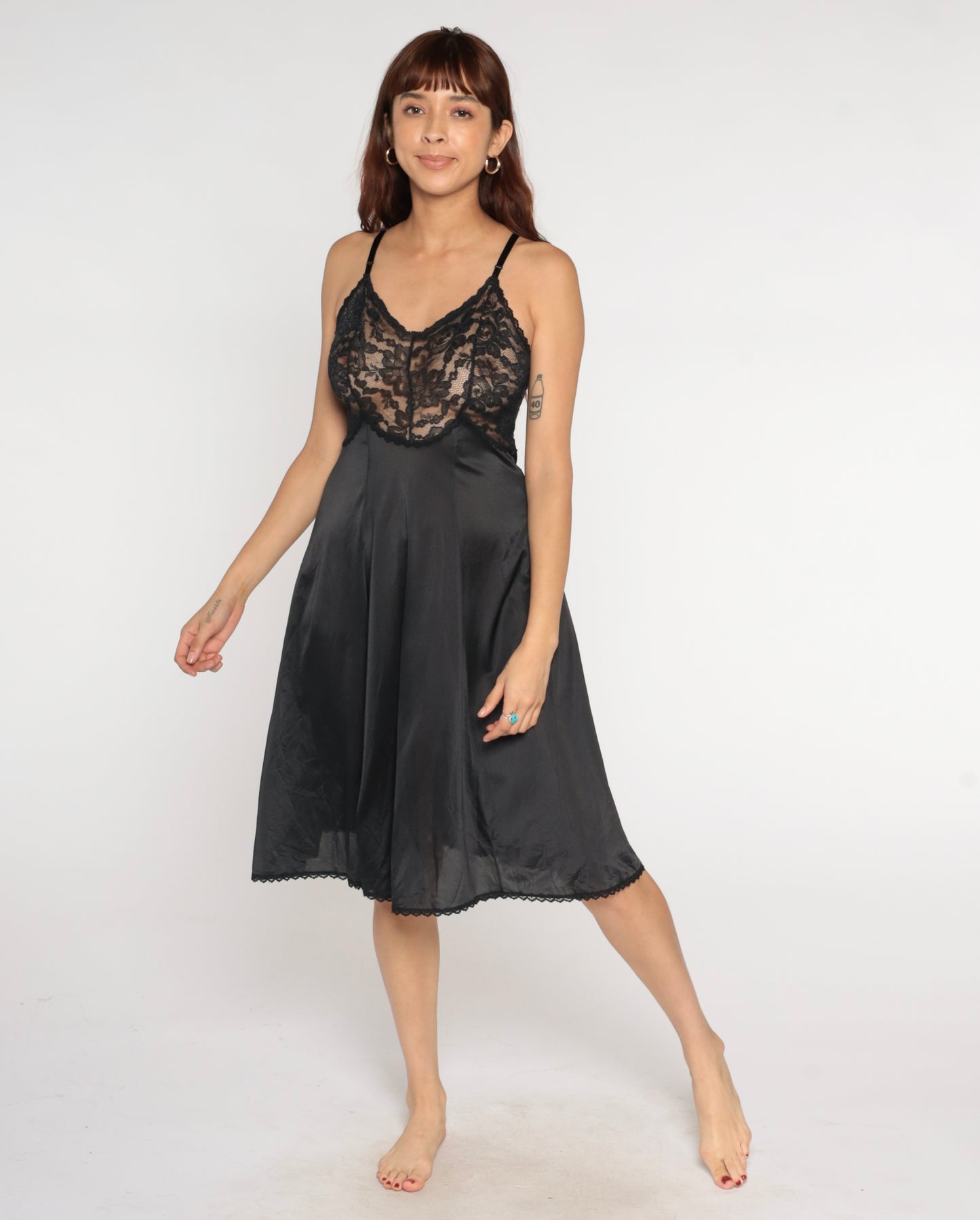 Black Lace Slip Dress 80s Midi Negligee Nightgown Vintage Cami Lingerie Style V Neck A Line Sheer Bodice Evening Sexy Date Night Small S