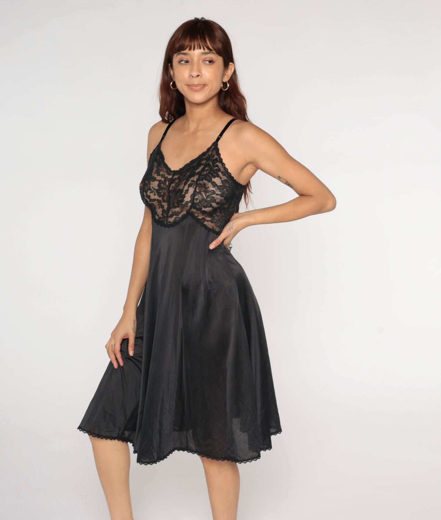 Black Lace Slip Dress 80s Midi Negligee Nightgown Vintage Cami Lingerie Style V Neck A Line Sheer Bodice Evening Sexy Date Night Small S