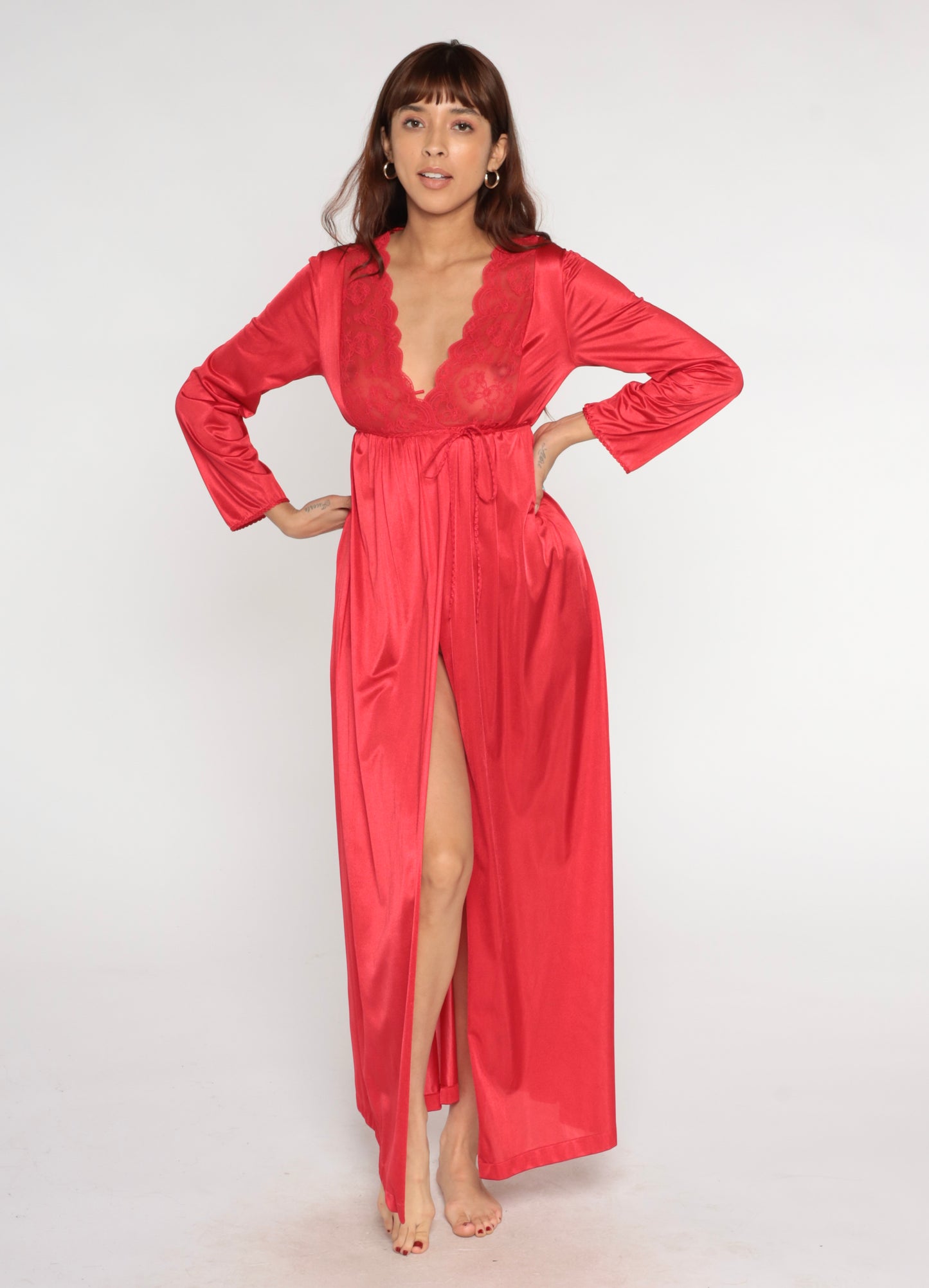 70s Red Lace Robe Wrap Tie Waist Long Sleeve Loungewear Dressing Gown Vintage Lingerie Satiny Sexy Valentines Day Date Night Small S