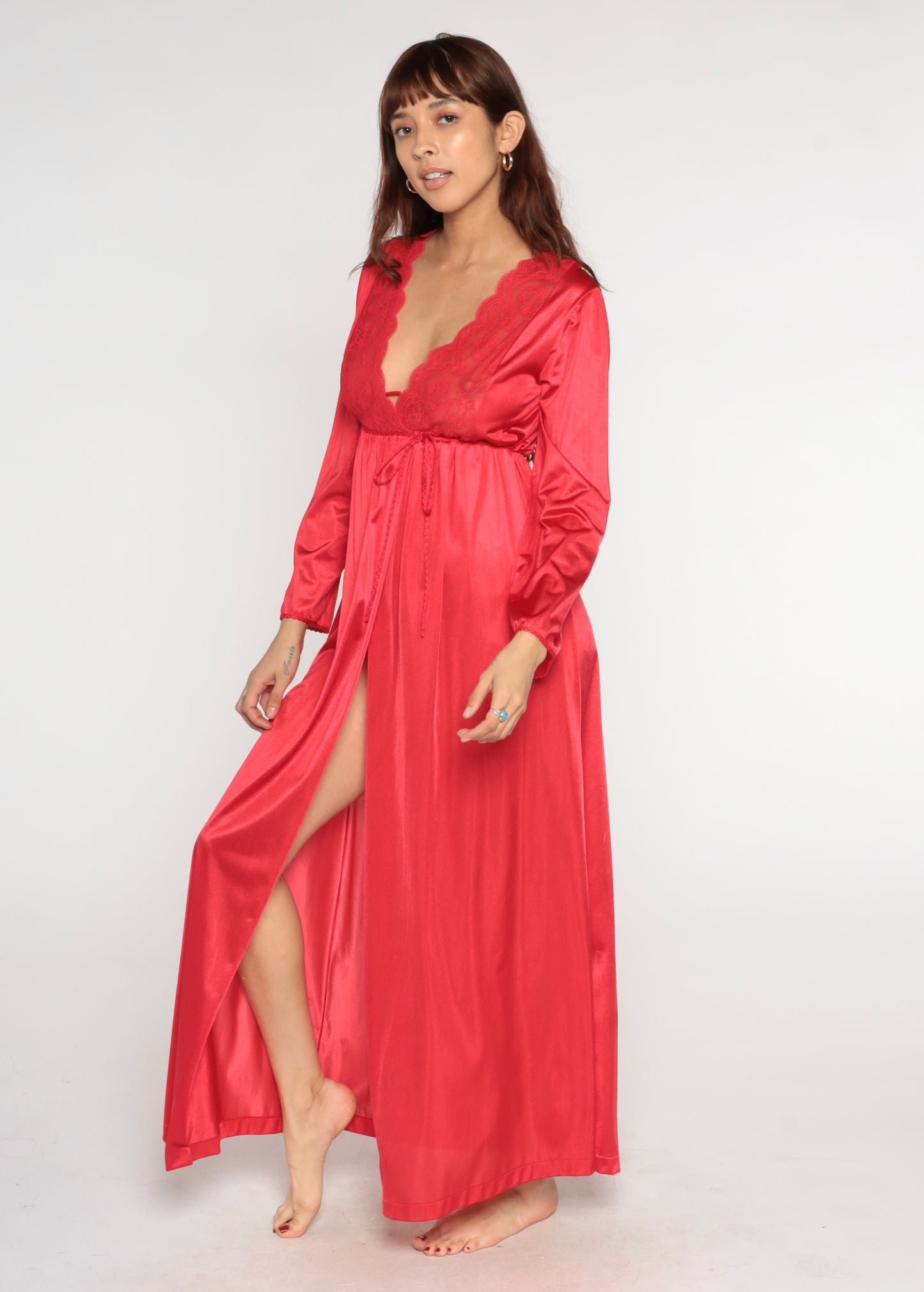 70s Red Lace Robe Wrap Tie Waist Long Sleeve Loungewear Dressing Gown Vintage Lingerie Satiny Sexy Valentines Day Date Night Small S