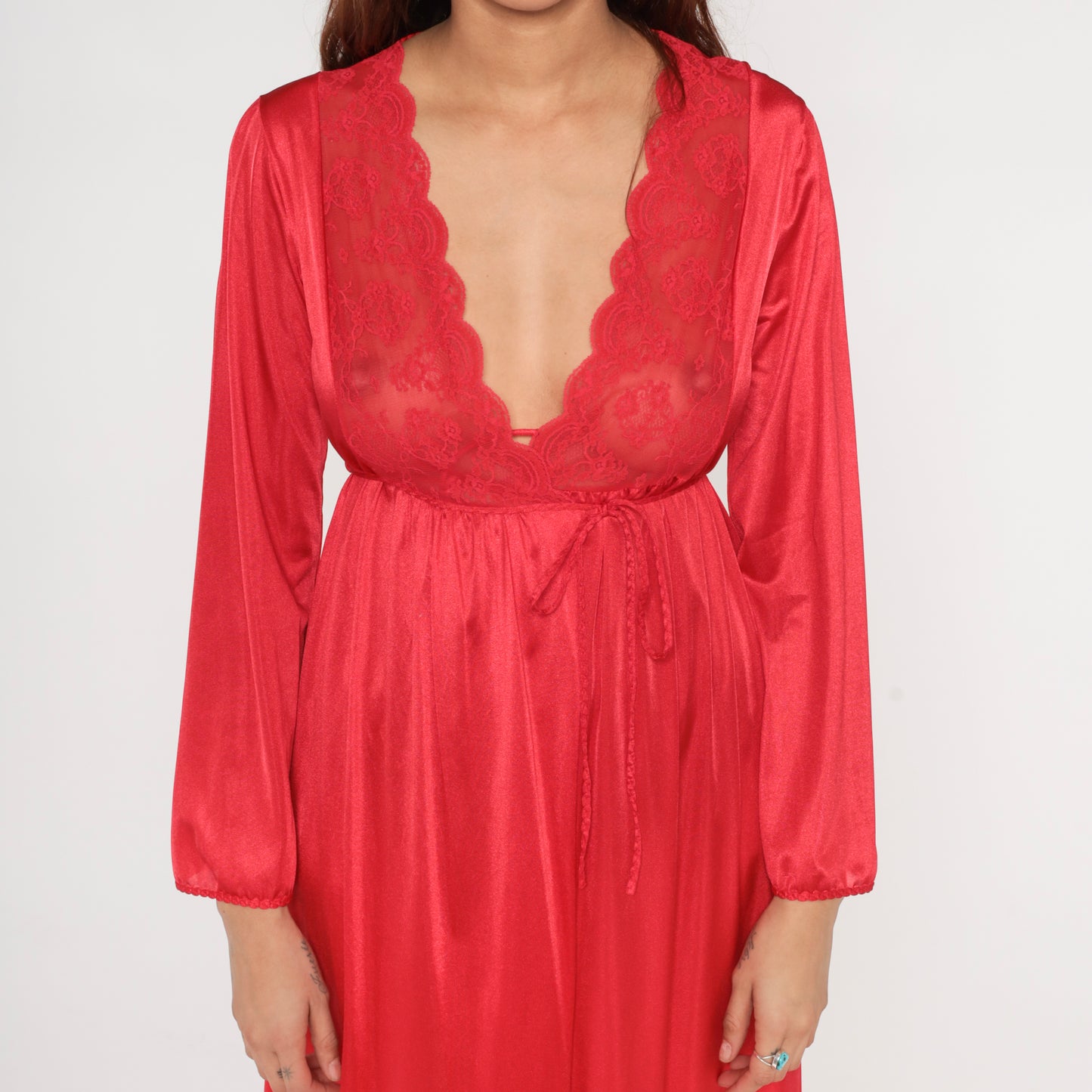 70s Red Lace Robe Wrap Tie Waist Long Sleeve Loungewear Dressing Gown Vintage Lingerie Satiny Sexy Valentines Day Date Night Small S