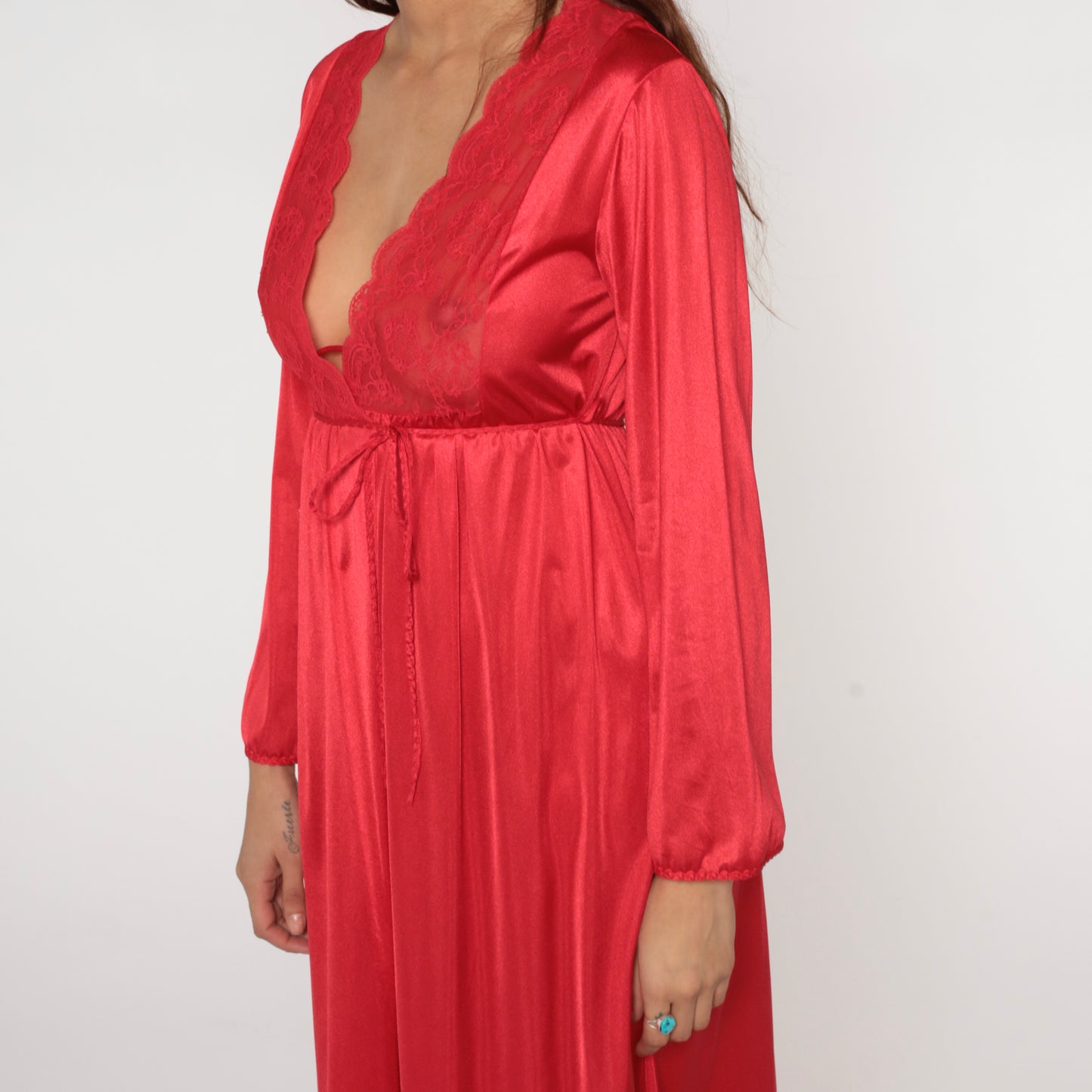 70s Red Lace Robe Wrap Tie Waist Long Sleeve Loungewear Dressing Gown Vintage Lingerie Satiny Sexy Valentines Day Date Night Small S