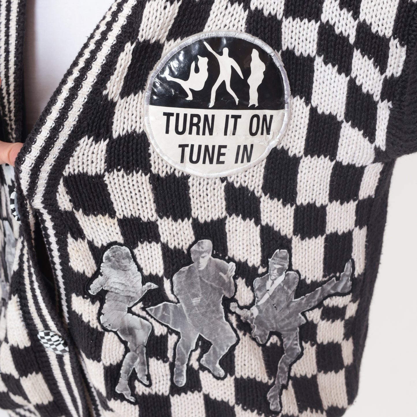 90s Untouchables Cardigan Black White Checkered Argyle Pattern Graphic Cotton Vintage Streetwear Dance Music Extra Large XL