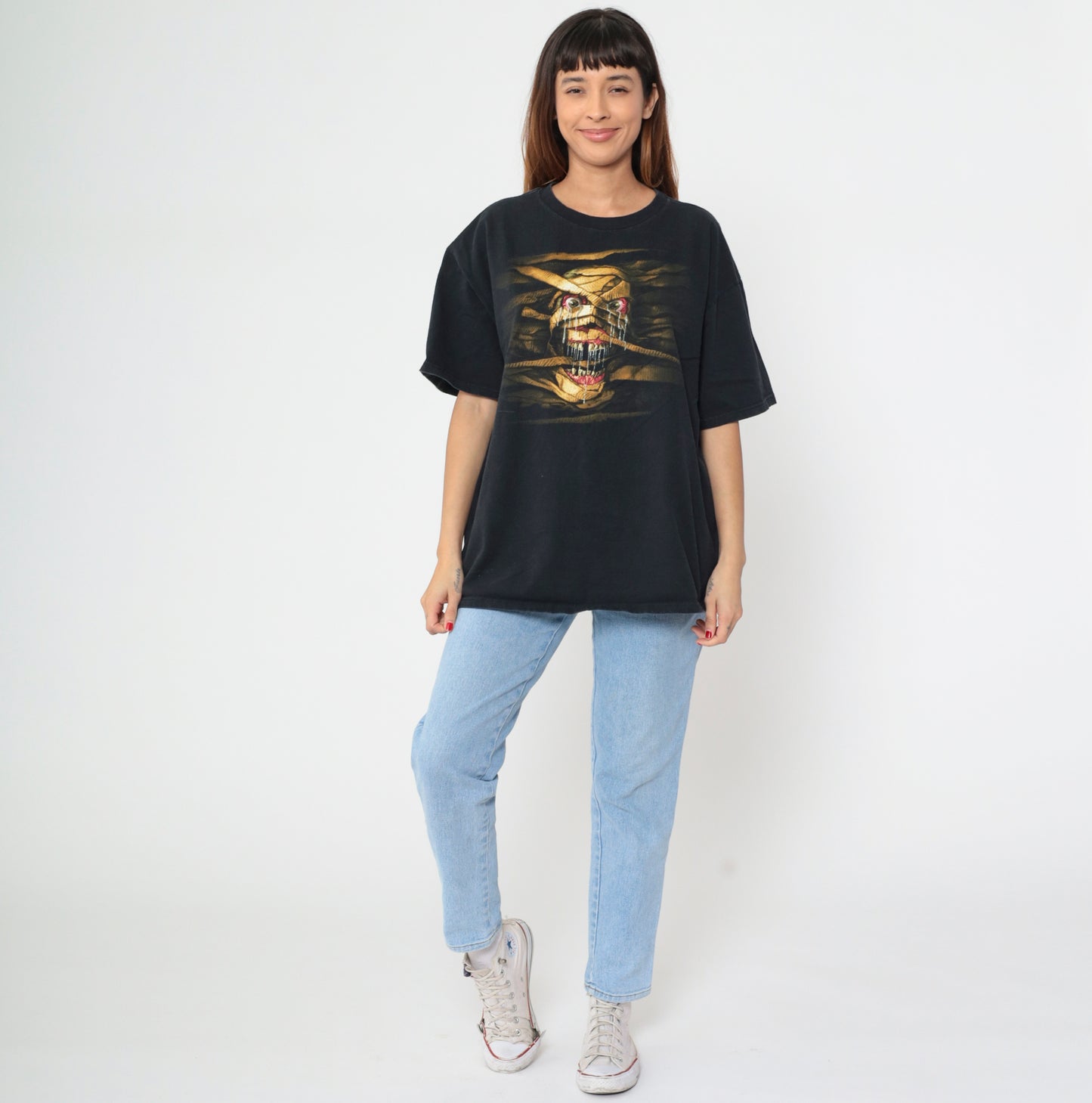 Halloween Horror Nights Tee Universal Studios 90s Graphic Black Mummy Skull Screen Print Cotton Short Sleeve 1999 Theme Park Extra Large XL