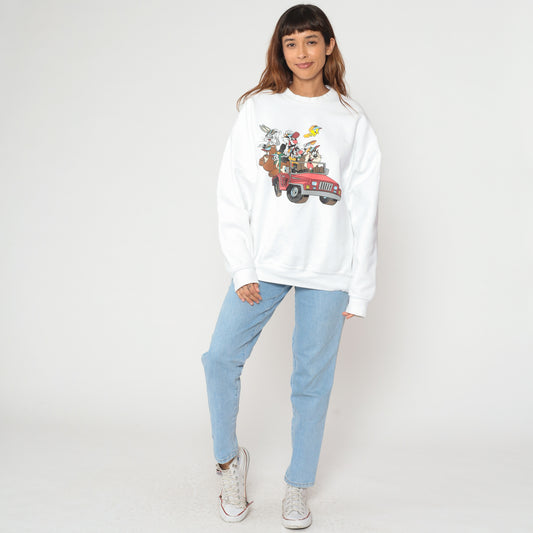 Looney Tunes Sweatshirt 90s White Graphic Jeep Bugs Bunny Tweety Sylvester Taz Devil Long Sleeve Crew Neck Cotton Oversized Extra Large XL