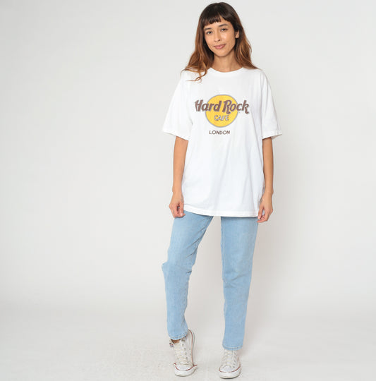 Hard Rock Cafe London White T Shirt 90s Vintage Cotton Tee Band Merch Souvenir Top Classic Graphic Music Tourism Travel Collectible Large L