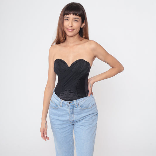 Christian Dior Black Bustier 90s Designer Corset Sweetheart Neckline Structured Boning Y2K Goth Lingerie Intimates Extra Small XS