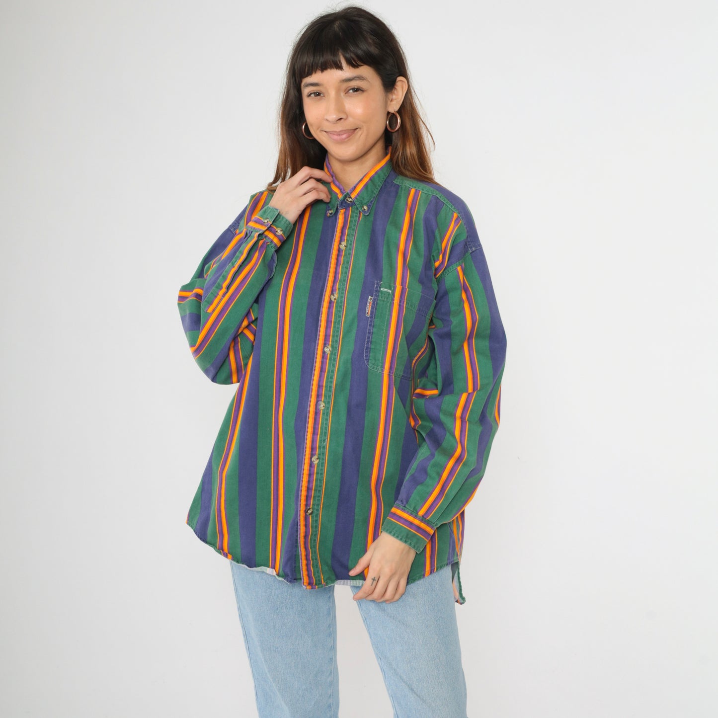 90s Green Striped Button Up Shirt Men's L