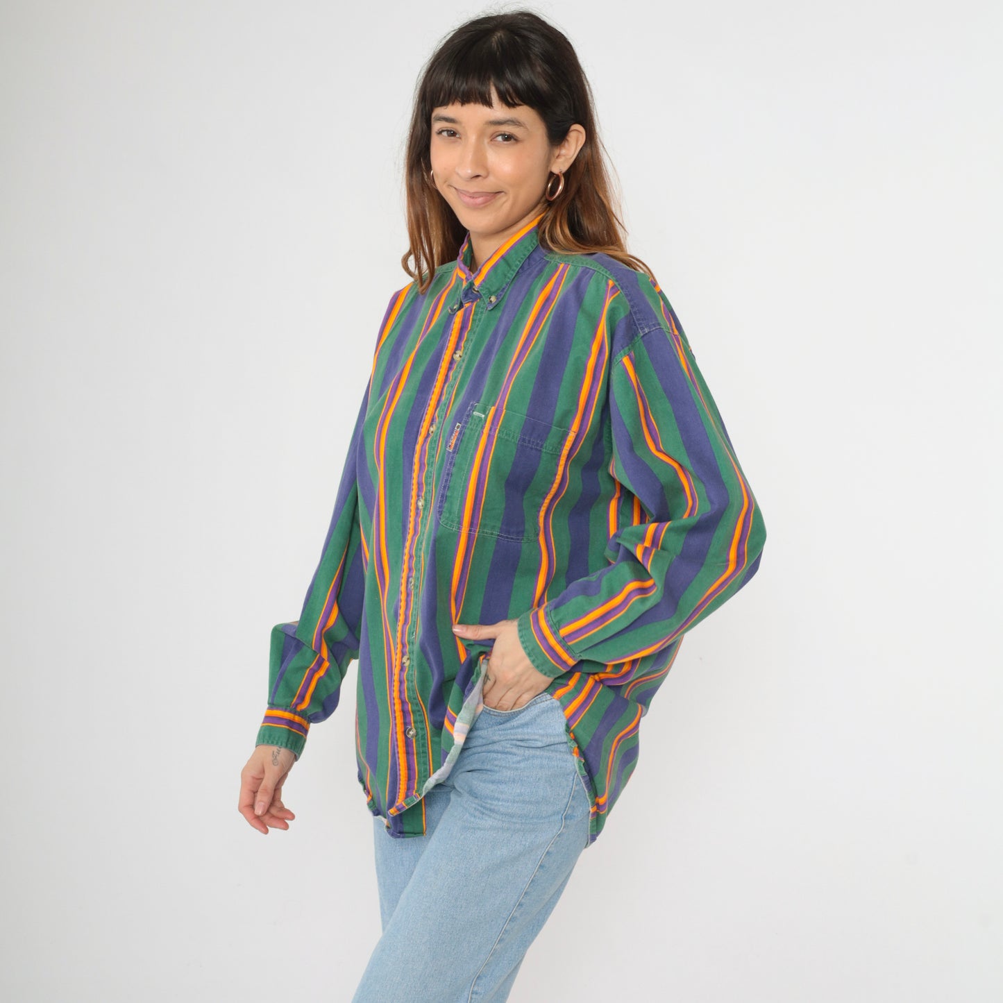 90s Green Striped Button Up Shirt Men's L