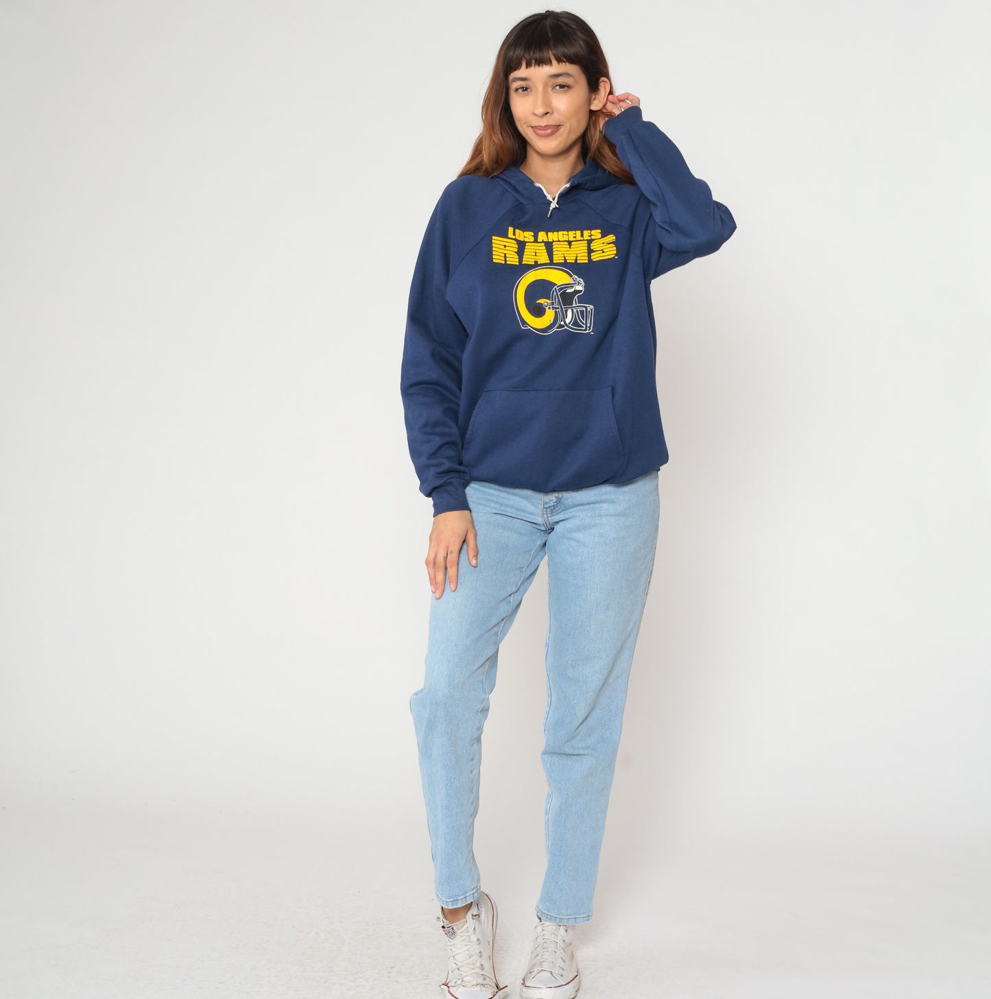 80s NFL Los Angeles Rams Hoodie Navy Blue Football Sweatshirt Vintage Athletic Pullover Kangaroo Pocket Team Official License Men's Large L