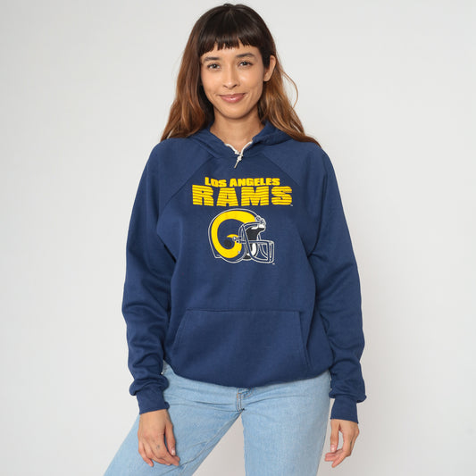 80s NFL Los Angeles Rams Hoodie Navy Blue Football Sweatshirt Vintage Athletic Pullover Kangaroo Pocket Team Official License Men's Large L