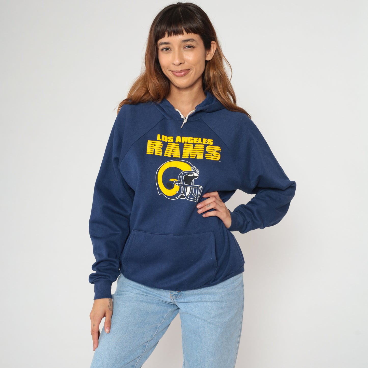 80s NFL Los Angeles Rams Hoodie Navy Blue Football Sweatshirt Vintage Athletic Pullover Kangaroo Pocket Team Official License Men's Large L