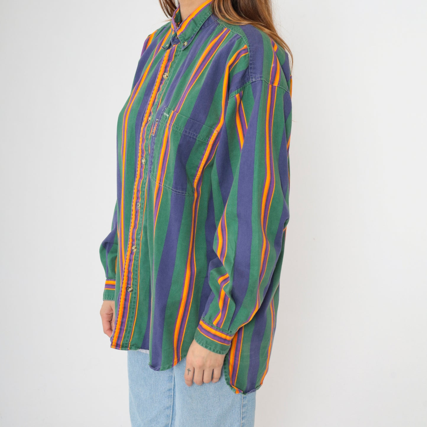 90s Green Striped Button Up Shirt Men's L