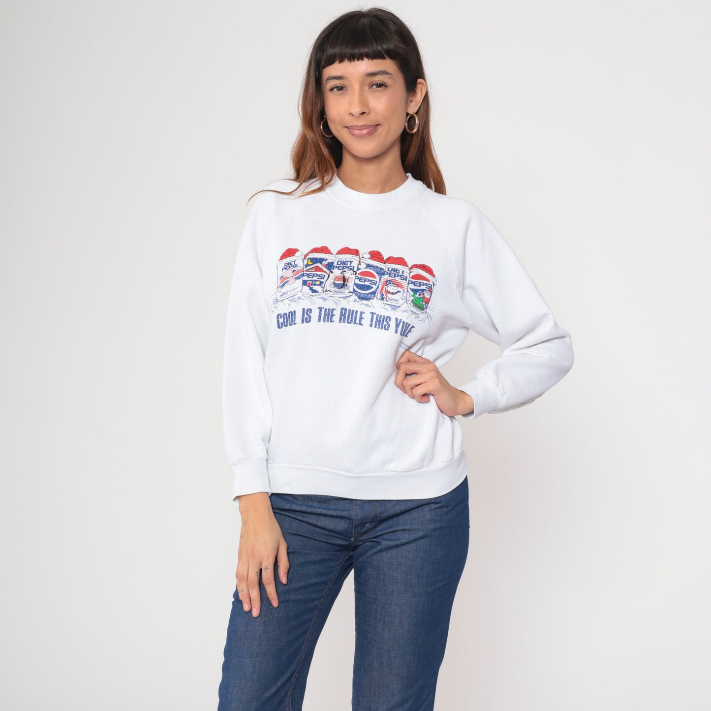 90s Pepsi Christmas Sweatshirt White Diet Pepsi Santa Holiday Crewneck Pullover Vintage Fruit Of The Loom Novelty Print Yule Large L