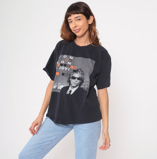 Bon Jovi Y2K Crush Tour 2000 Concert Tee Black Cotton Band Shirt Vintage Rock Music Tour Dates Jon Bon Jovi Sunglasses Music Merch Large L