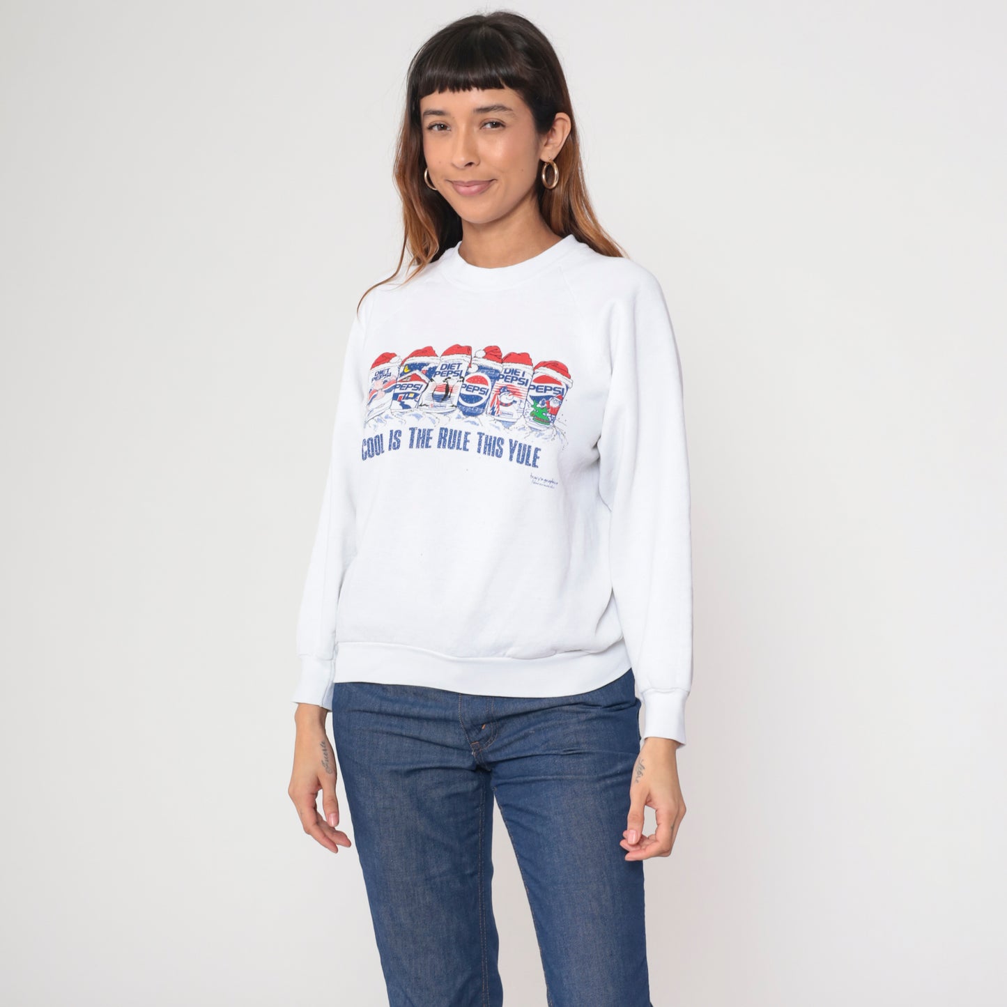 90s Pepsi Christmas Sweatshirt White Diet Pepsi Santa Holiday Crewneck Pullover Vintage Fruit Of The Loom Novelty Print Yule Large L