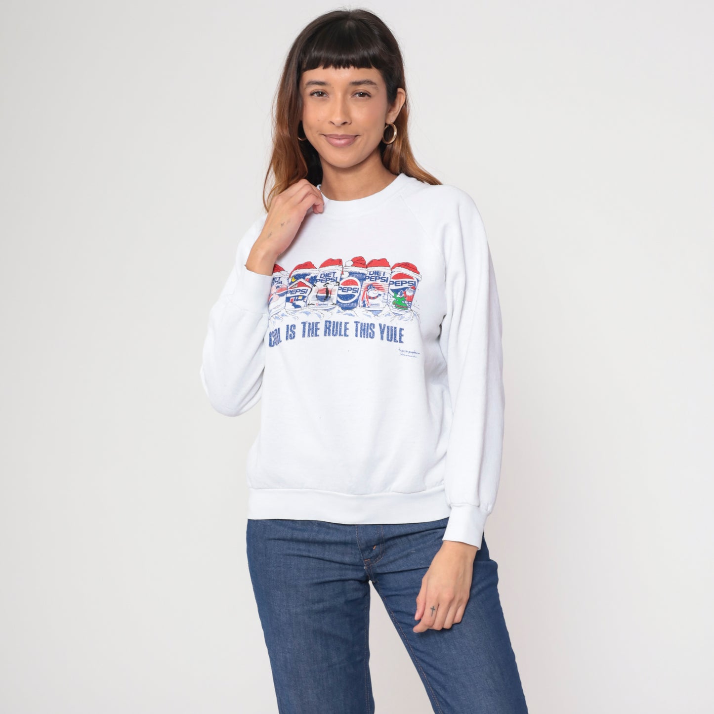90s Pepsi Christmas Sweatshirt White Diet Pepsi Santa Holiday Crewneck Pullover Vintage Fruit Of The Loom Novelty Print Yule Large L