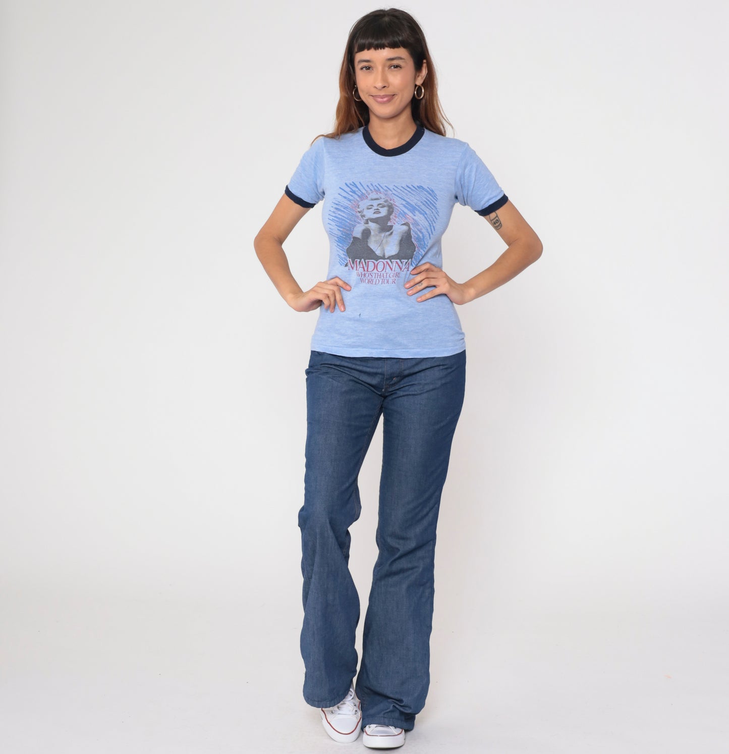 Madonna Who's That Girl Tour Shirt 80s Concert Tee Blue Ringer Vintage Band Tee Crew Neck Graphic U.S. World Tour Cities Periwinkle Small S