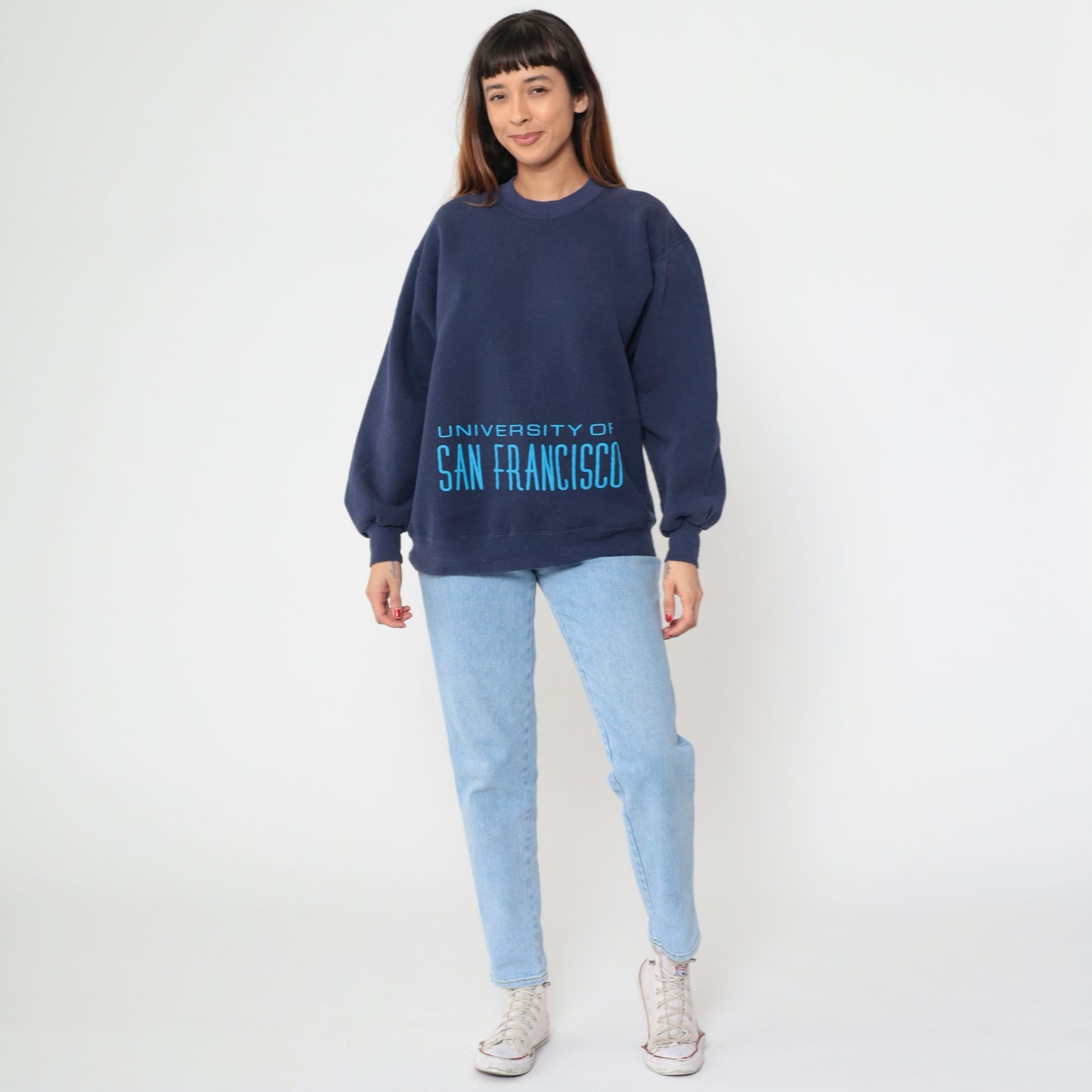 University of San Francisco Sweatshirt 80s Navy Blue College Crew Neck Vintage Athletic Preppy Light Academia Pullover Extra Large XL