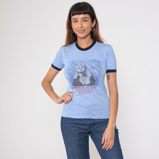 Madonna Who's That Girl Tour Shirt 80s Concert Tee Blue Ringer Vintage Band Tee Crew Neck Graphic U.S. World Tour Cities Periwinkle Small S
