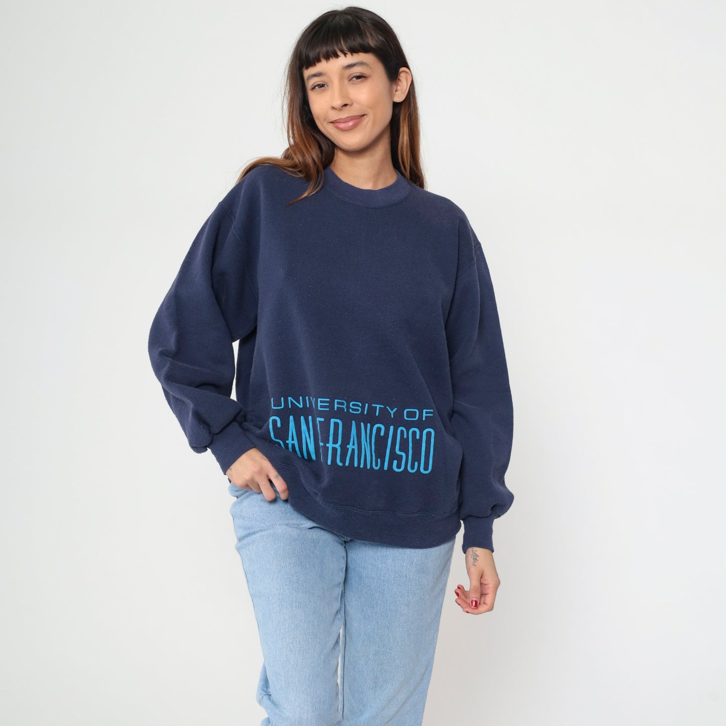 University of San Francisco Sweatshirt 80s Navy Blue College Crew Neck Vintage Athletic Preppy Light Academia Pullover Extra Large XL