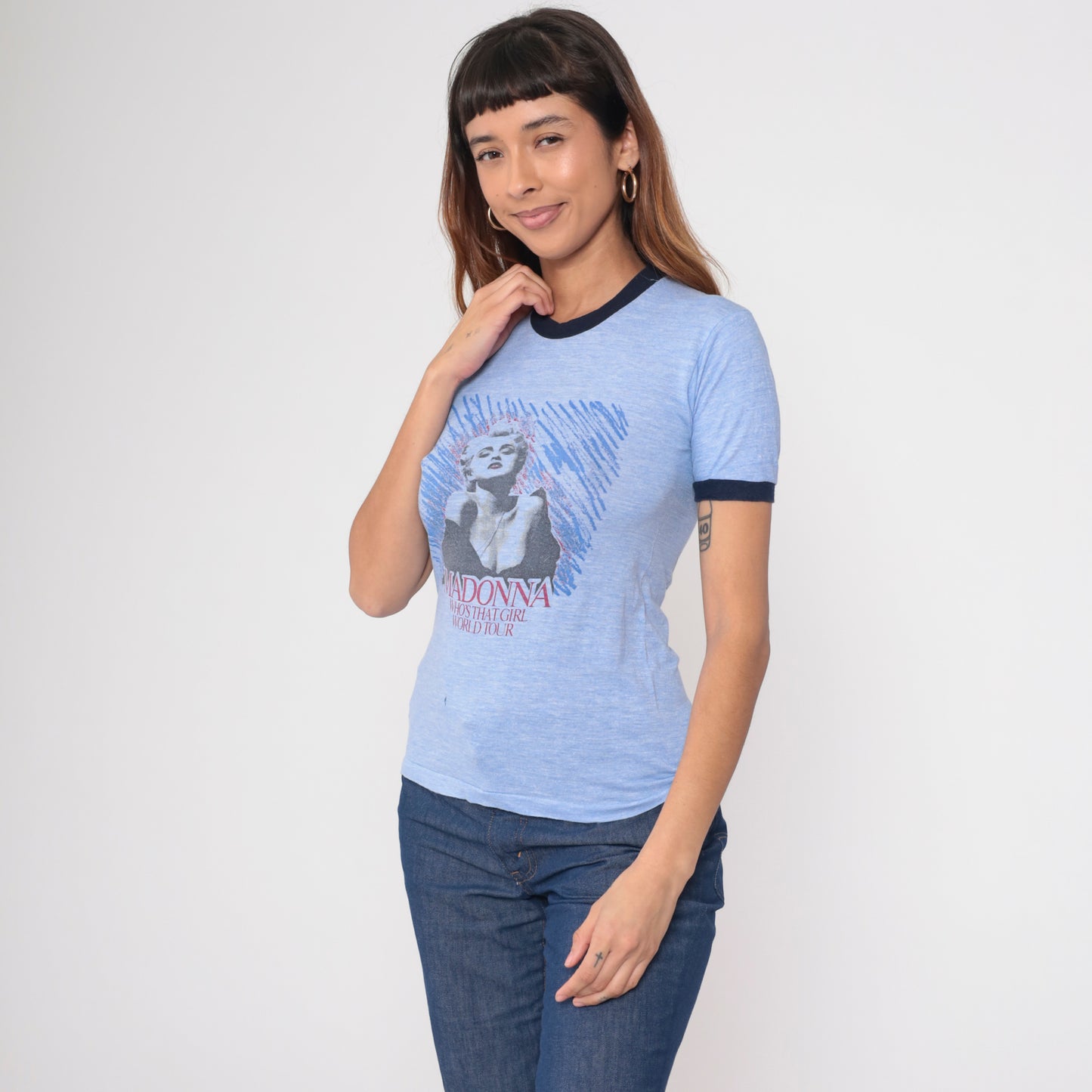 Madonna Who's That Girl Tour Shirt 80s Concert Tee Blue Ringer Vintage Band Tee Crew Neck Graphic U.S. World Tour Cities Periwinkle Small S