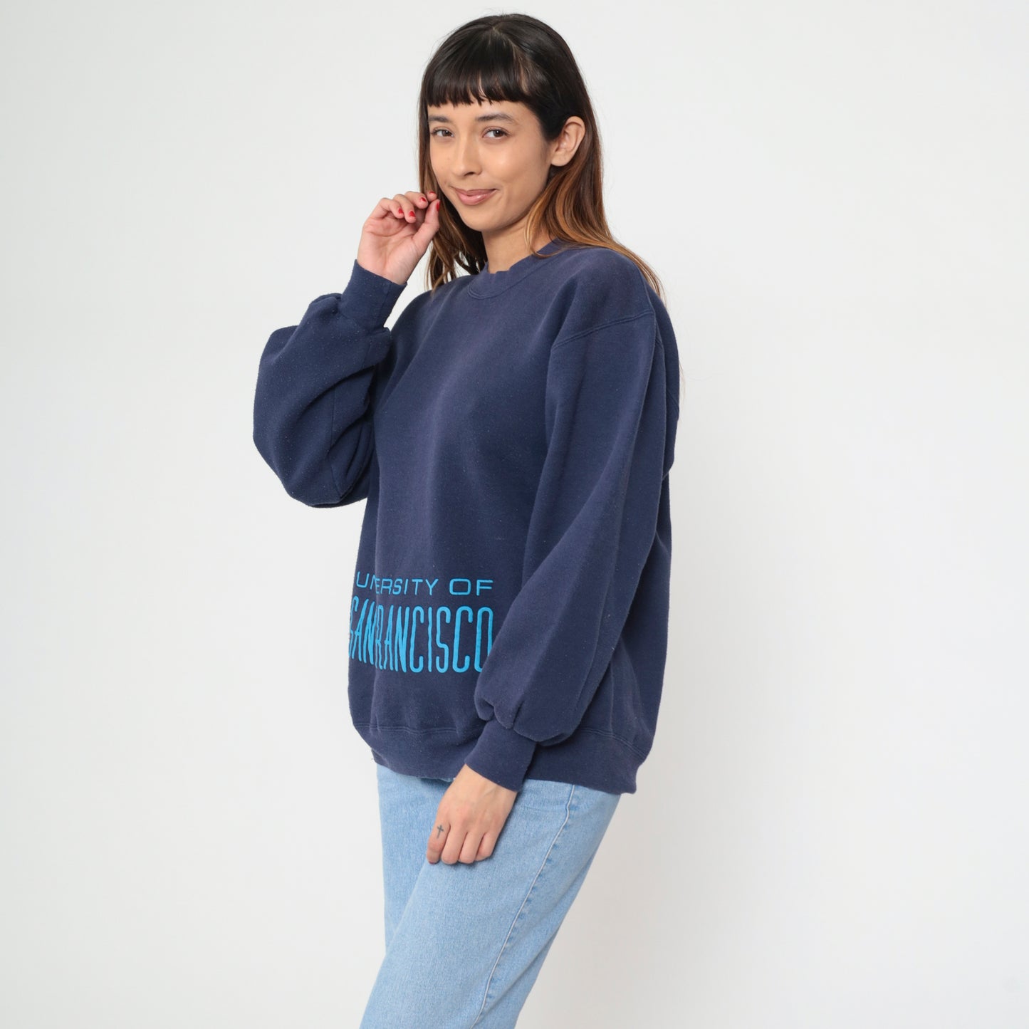 University of San Francisco Sweatshirt 80s Navy Blue College Crew Neck Vintage Athletic Preppy Light Academia Pullover Extra Large XL
