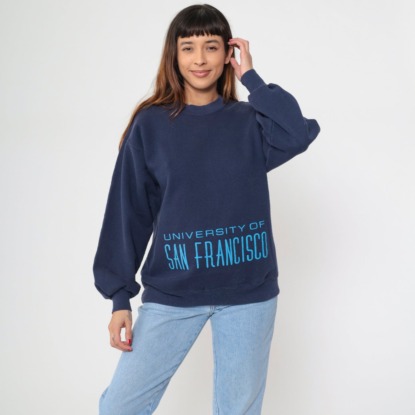 University of San Francisco Sweatshirt 80s Navy Blue College Crew Neck Vintage Athletic Preppy Light Academia Pullover Extra Large XL