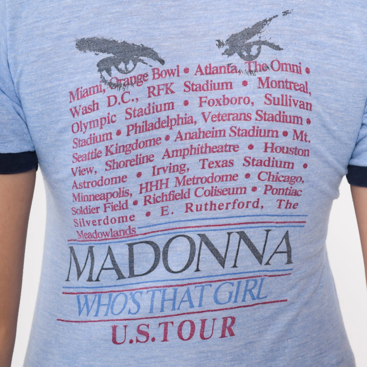 Madonna Who's That Girl Tour Shirt 80s Concert Tee Blue Ringer Vintage Band Tee Crew Neck Graphic U.S. World Tour Cities Periwinkle Small S