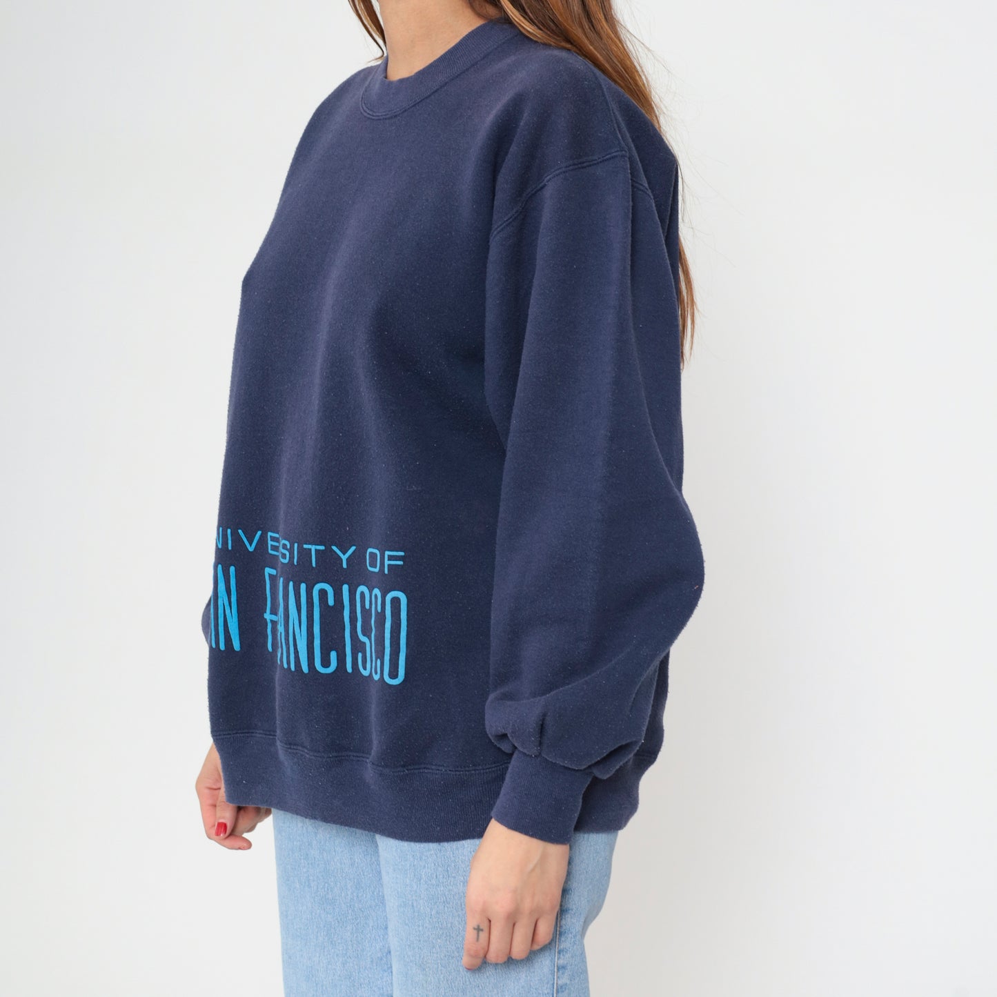 University of San Francisco Sweatshirt 80s Navy Blue College Crew Neck Vintage Athletic Preppy Light Academia Pullover Extra Large XL