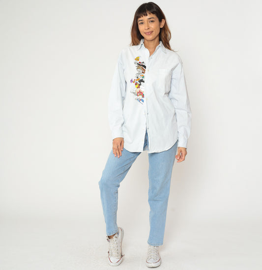Looney Tunes Shirt 90s White Blue Stripe Button Up Tweety Sylvester Bugs Bunny Daffy Duck Long Sleeve Cotton Oversized Extra Small XS