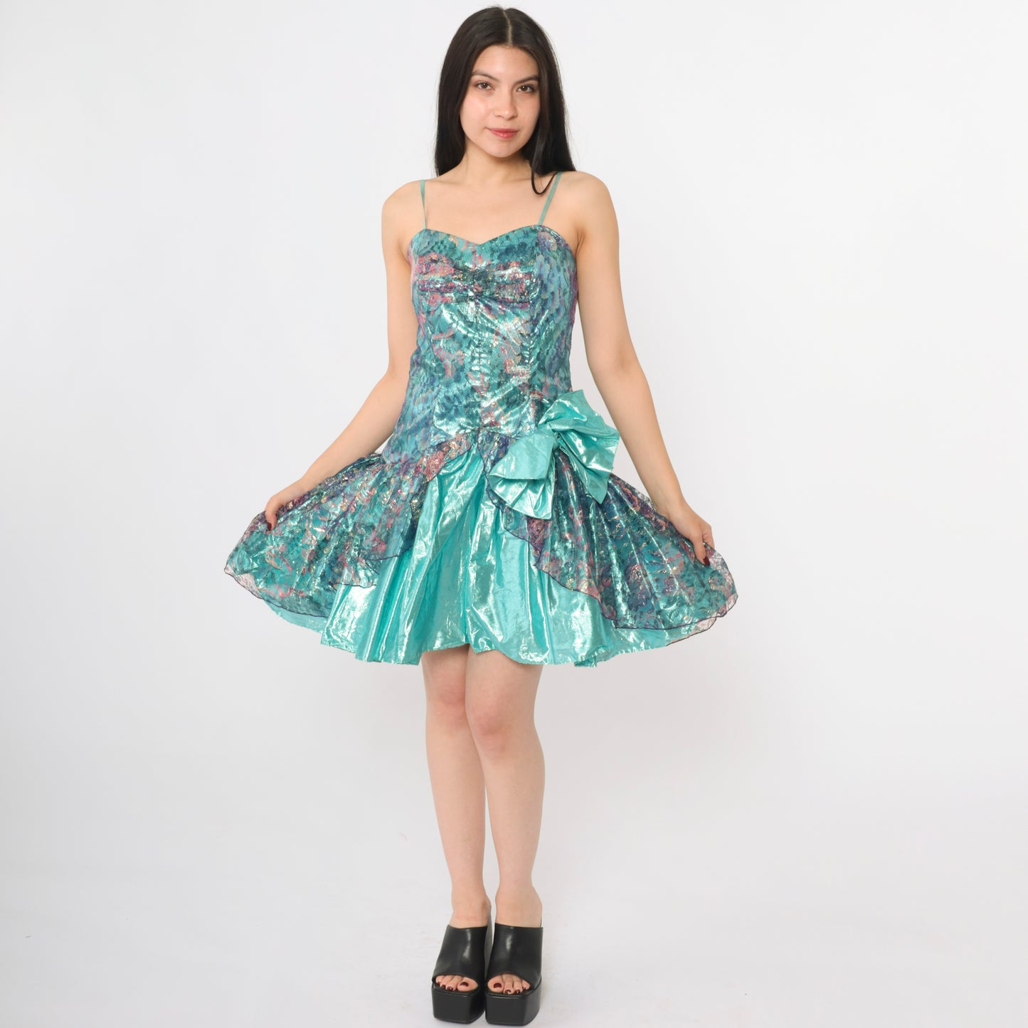 80s Teal Lame Lace Prom Dress S