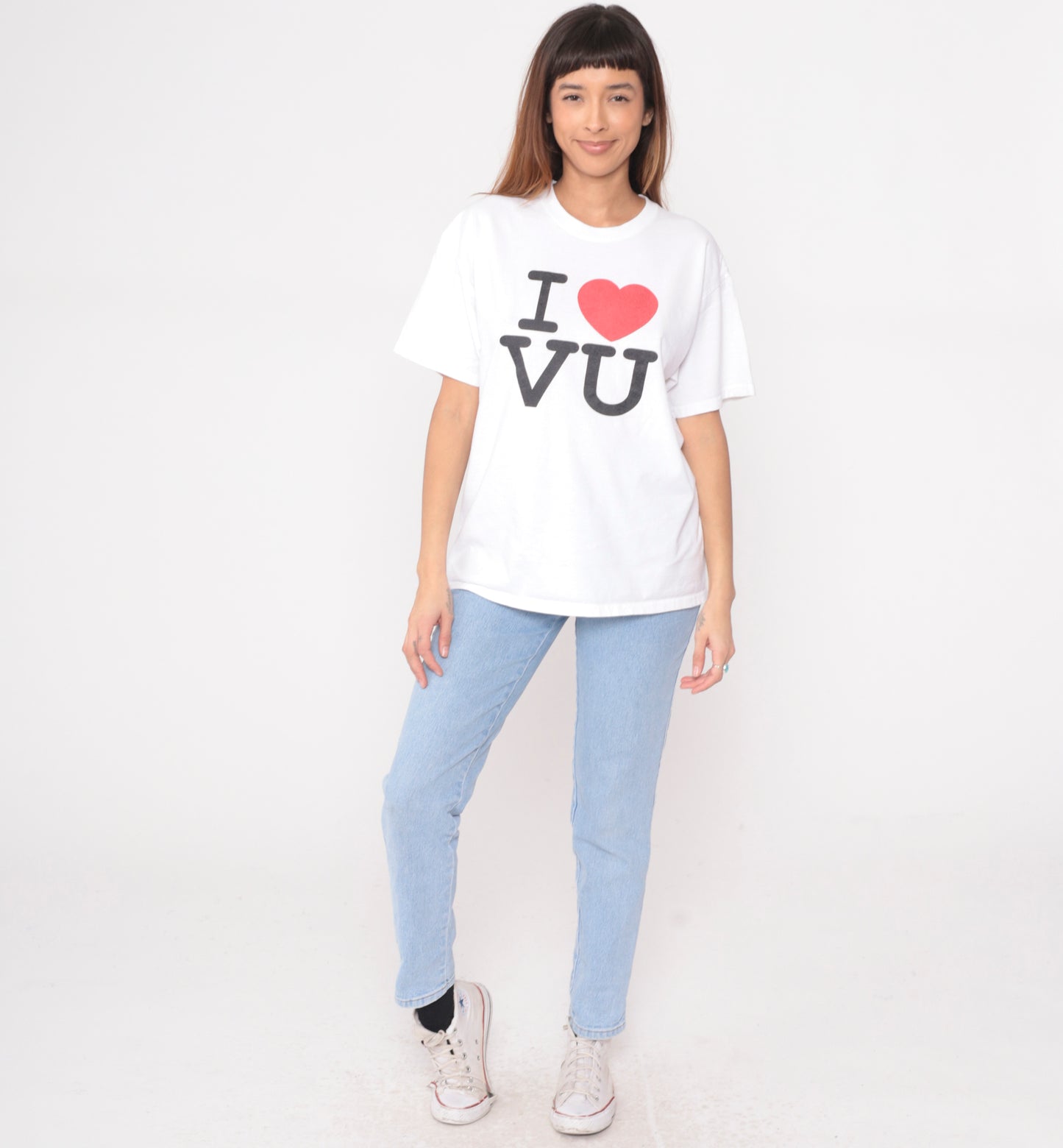 Y2K White Cotton T-Shirt I Love VU University College Graphic Tee Hanes Campus Vintage 2000s Letter Print Heart Logo School Spirit Large L