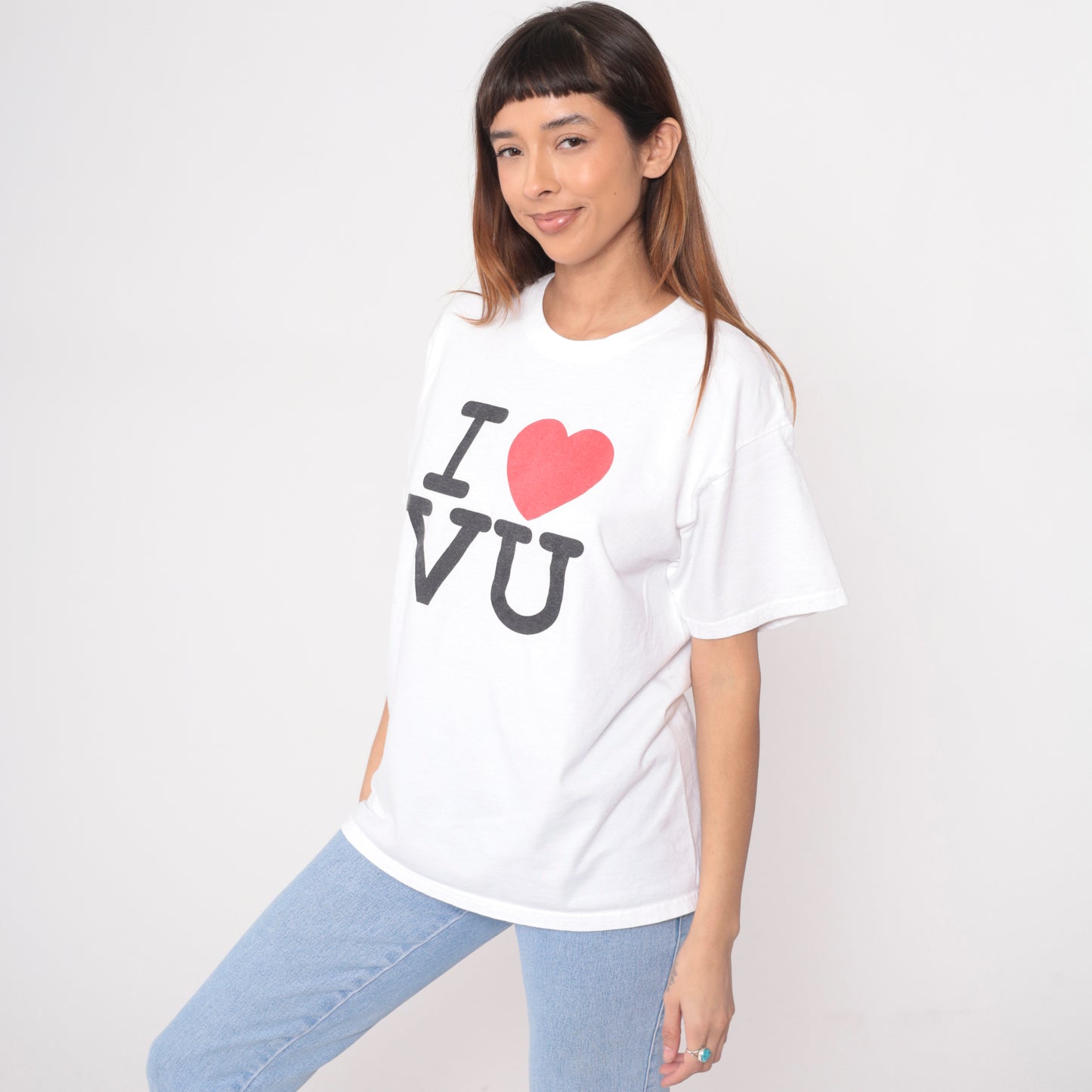 Y2K White Cotton T-Shirt I Love VU University College Graphic Tee Hanes Campus Vintage 2000s Letter Print Heart Logo School Spirit Large L