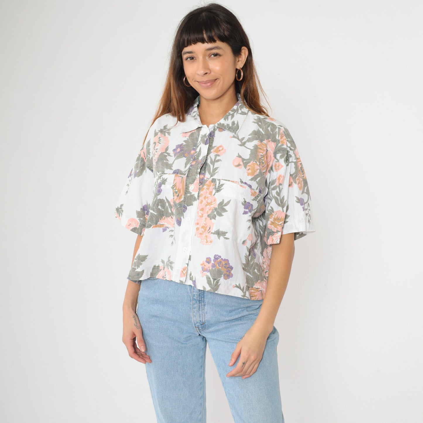 90s Chest Pocket Floral Blouse M