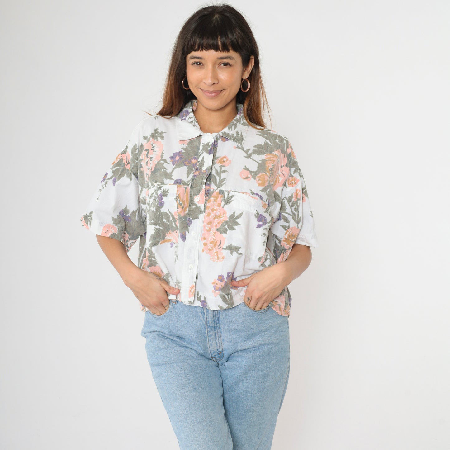 90s Chest Pocket Floral Blouse M
