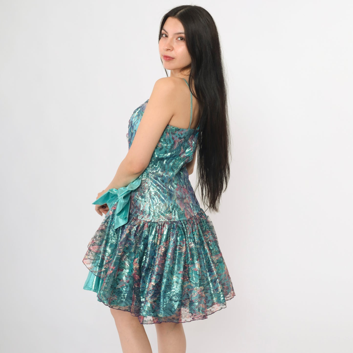 80s Teal Lame Lace Prom Dress S