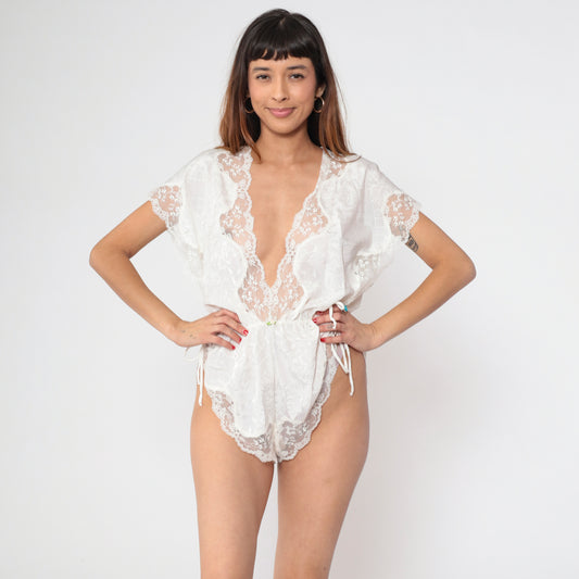 White Lace Romper 80s Playsuit Sheer Drawstring Coquette Lingerie Style Teddy One Piece Bridal Vintage Boudoir Feminine Shorts Medium M