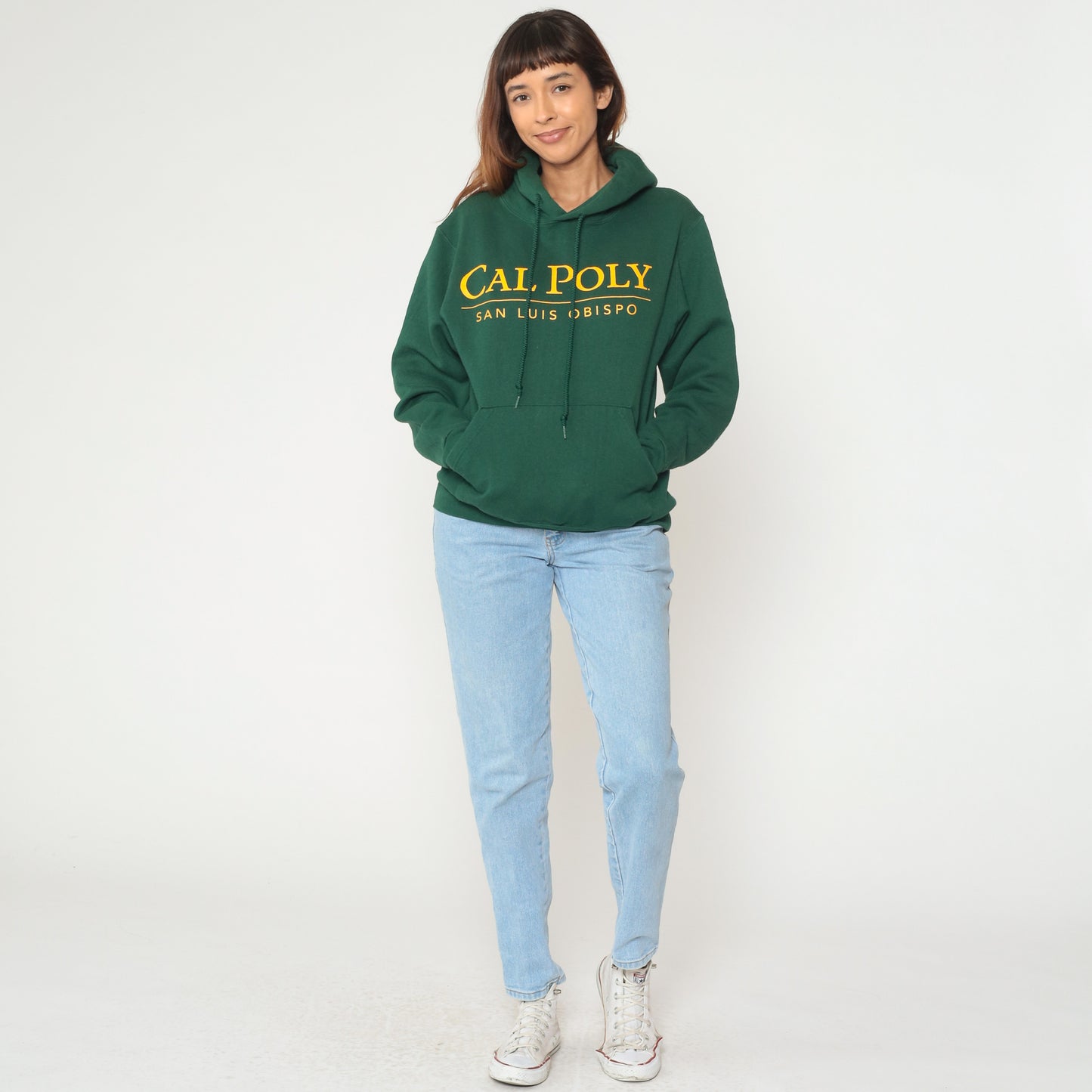 Cal Poly San Luis Obispo Hoodie 90s Green University College Sweatshirt Cotton Vintage Pullover Yellow Letters Front Pocket Drawstring California State School Medium M