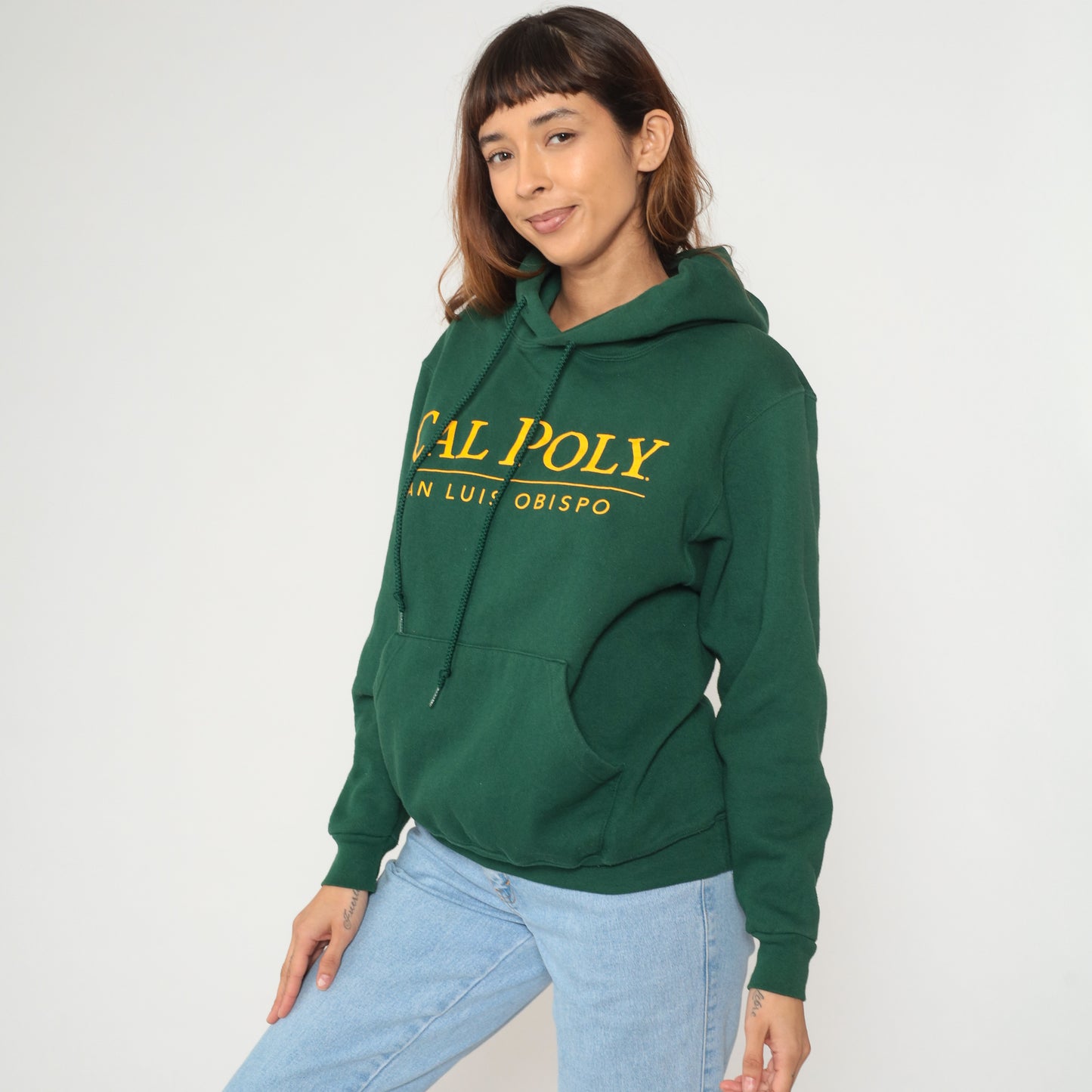 Cal Poly San Luis Obispo Hoodie 90s Green University College Sweatshirt Cotton Vintage Pullover Yellow Letters Front Pocket Drawstring California State School Medium M