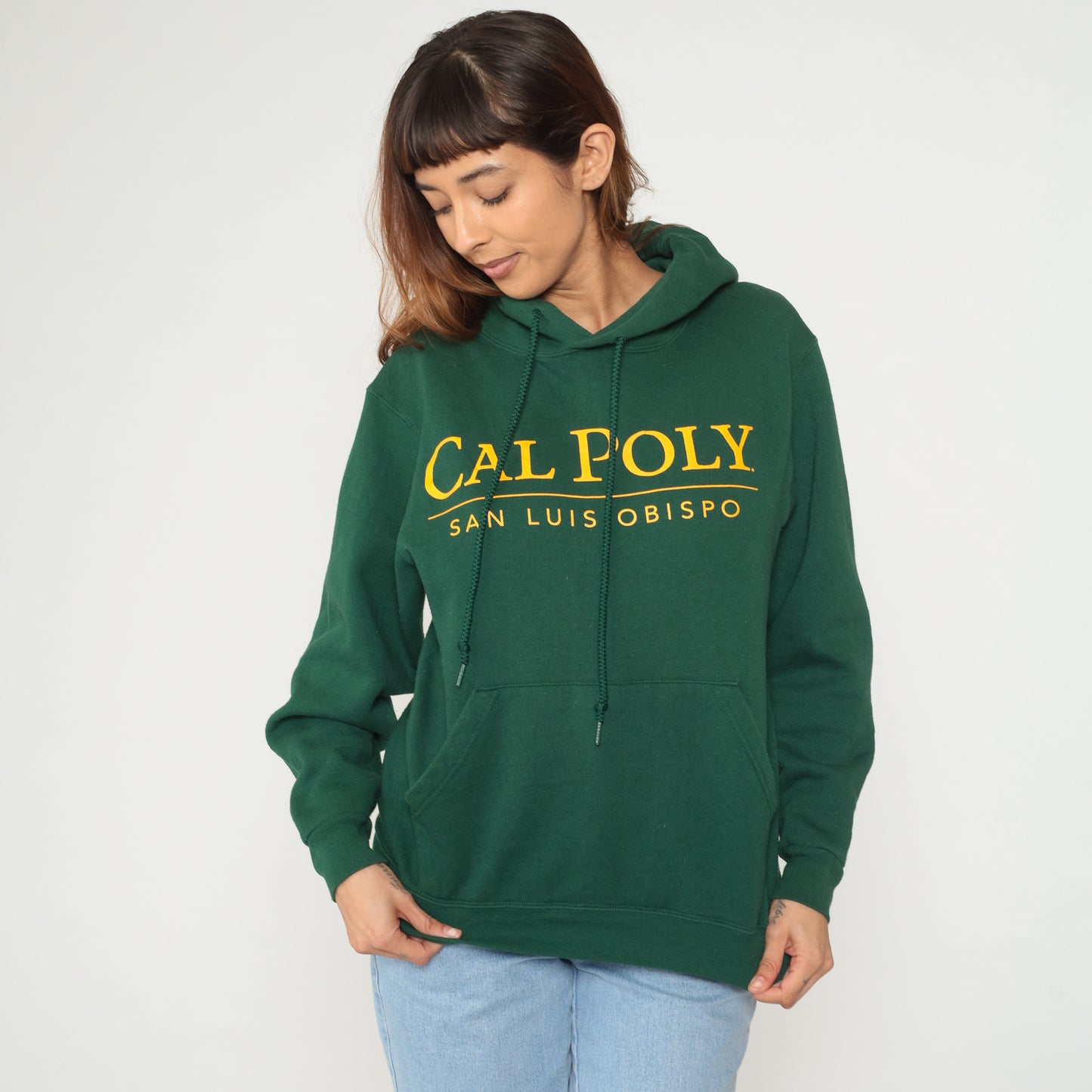 Cal Poly San Luis Obispo Hoodie 90s Green University College Sweatshirt Cotton Vintage Pullover Yellow Letters Front Pocket Drawstring California State School Medium M