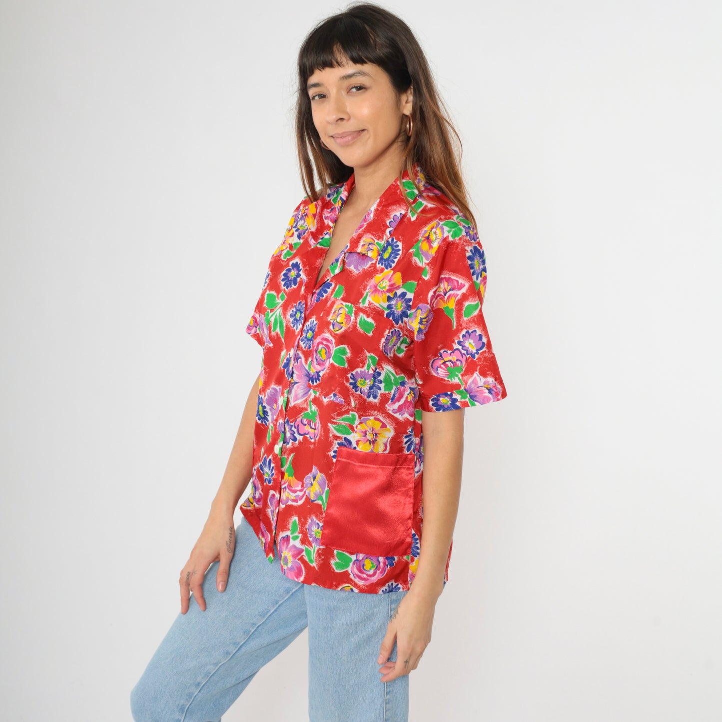 90s Red Floral Button Up Blouse M