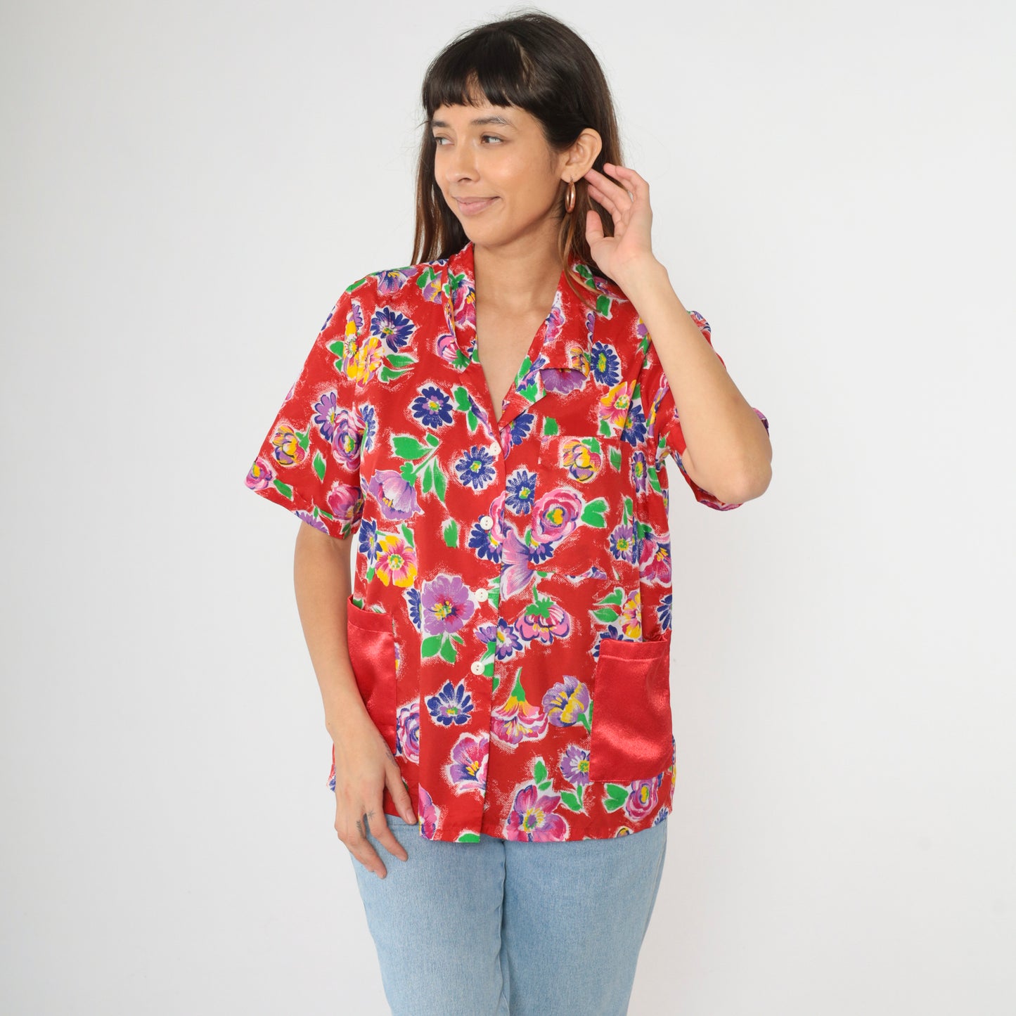 90s Red Floral Button Up Blouse M